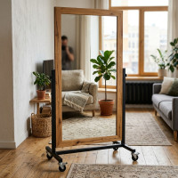 Напольное зеркало в полный рост на подставке с колесиками в раме из натурального дерева MK001